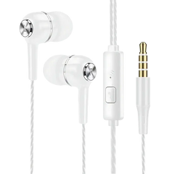 Wired in ear gaming headset with microphone featuring white headphones with silver accents and gold tipped 3.5mm jack