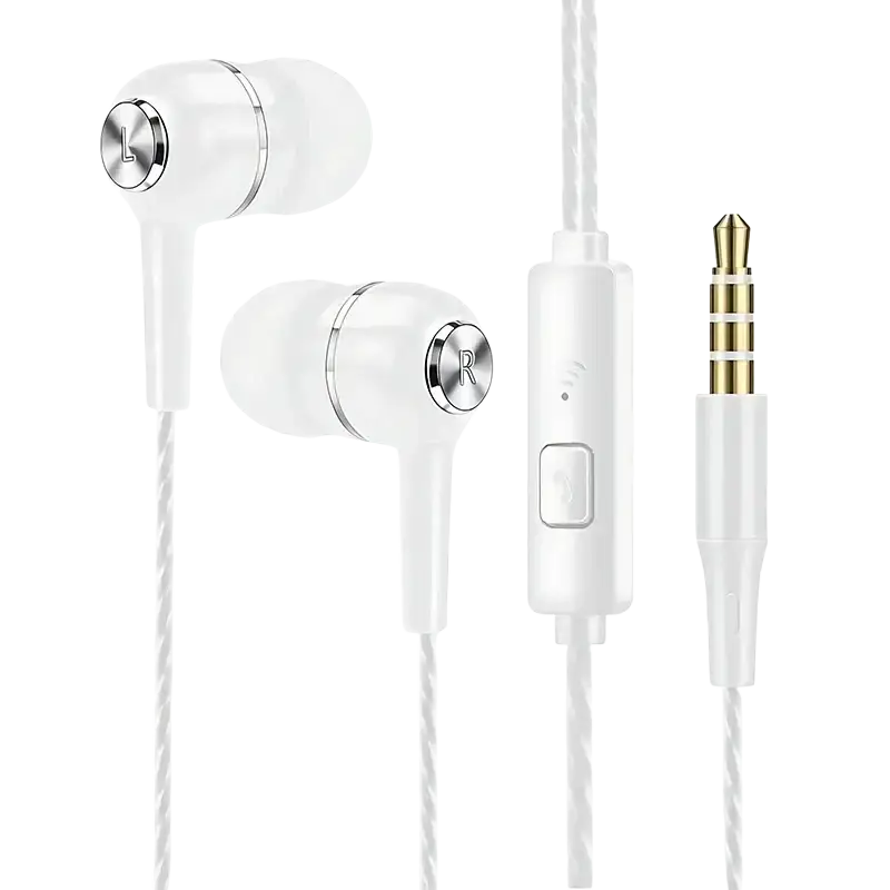 Vaorlo wired in-ear headphones white with silver accents and inline control for volume and playback in ear gaming headset