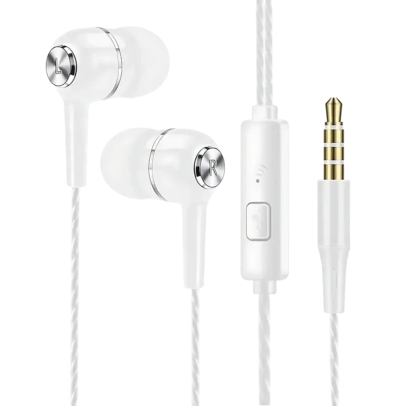 White wired in ear gaming headset with microphone featuring silver accents, gold-plated 3.5mm jack, and inline control module