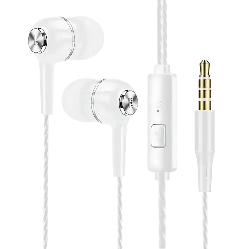 White wired in-ear headphones with silver accents and inline control for vaorlo wired ear gaming headset with microphone