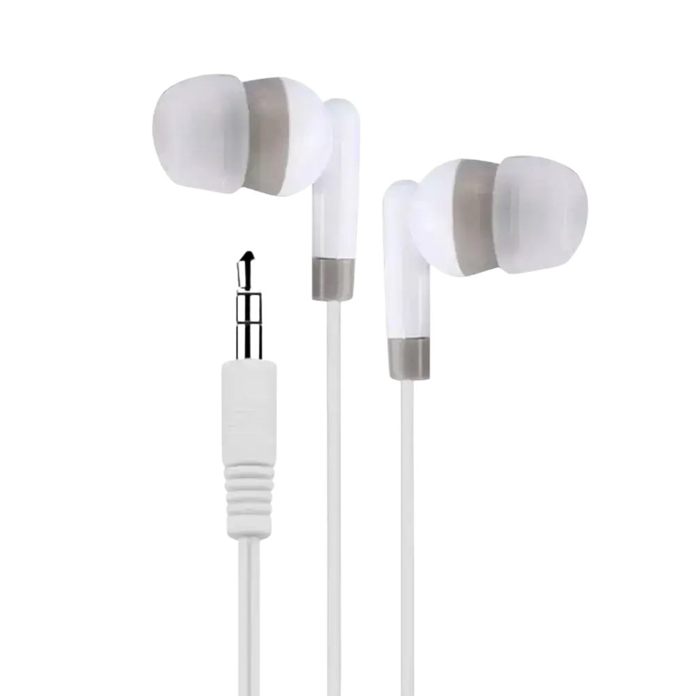 Wired in-ear headphones in white with translucent silicone tips and silver audio jack for clear wired audio connection