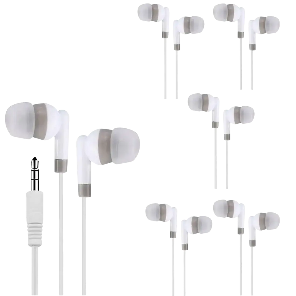 White wired in-ear headphones with silver accents and soft silicone tips featuring a white 3.5mm audio jack