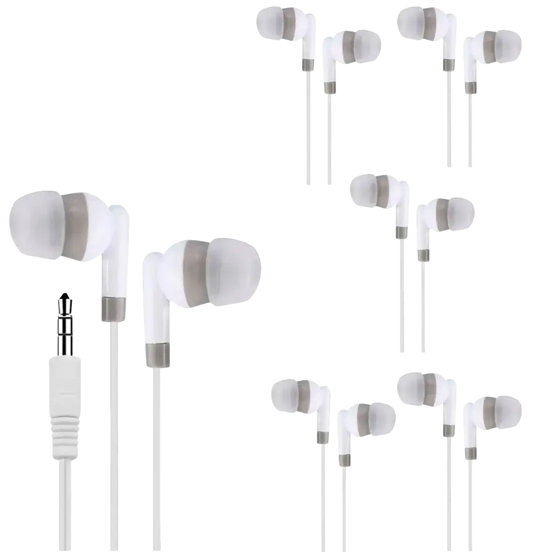 White wired in-ear headphones with silver accents and soft silicone tips featuring a white 3.5mm audio jack