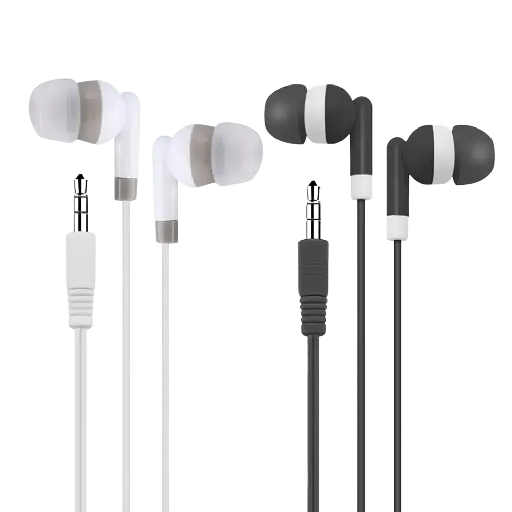 White and black wired in-ear headphones with soft silicone ear tips and 3.5mm audio jack for comfortable wear