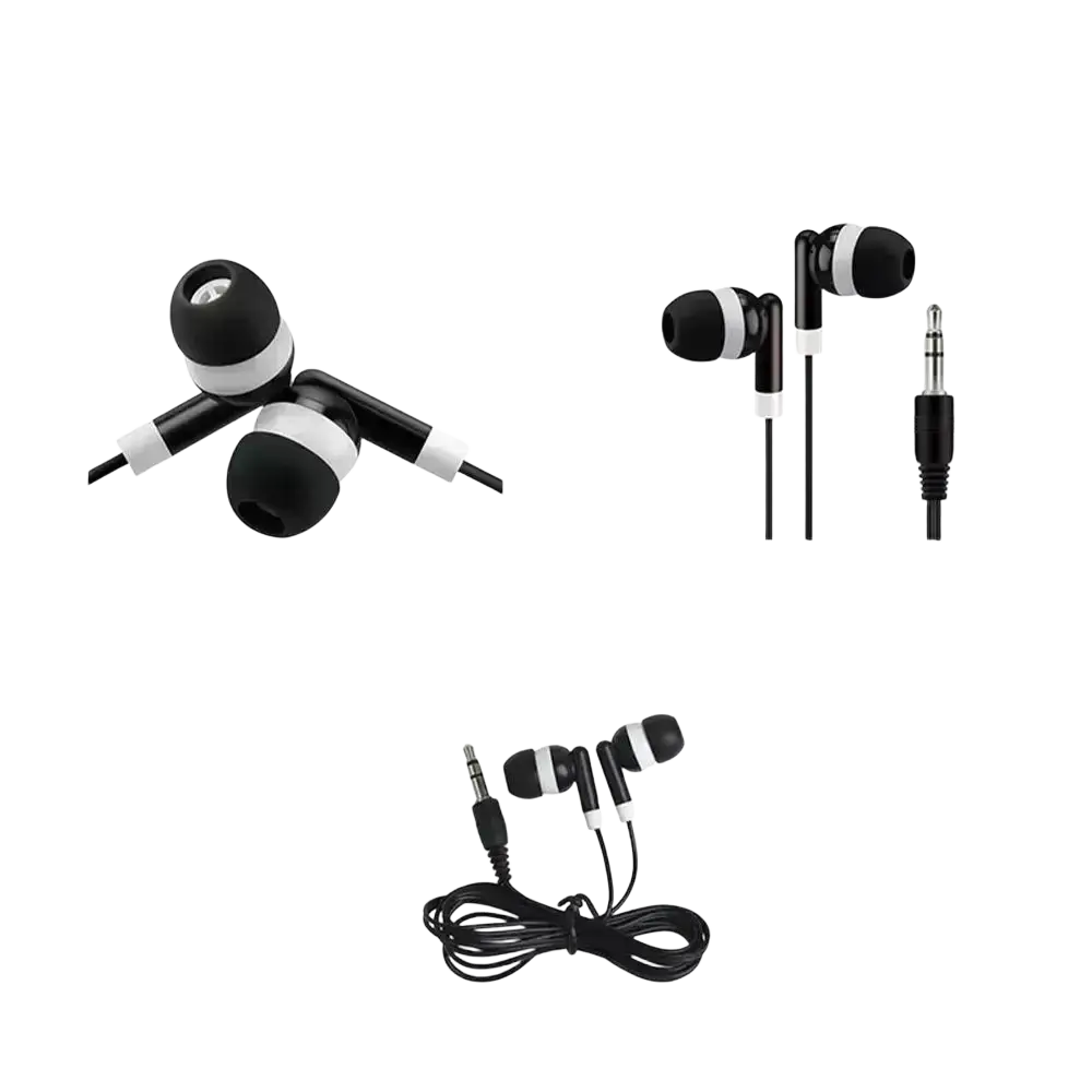 Wired in-ear headphones black white with 3.5mm audio jack and soft silicone ear tips for comfortable listening
