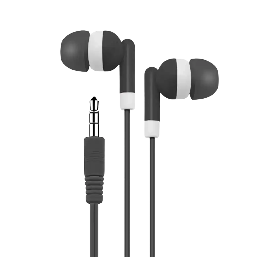 Wired in-ear headphones with 3.5mm audio jack in black and white featuring a sleek minimalist design