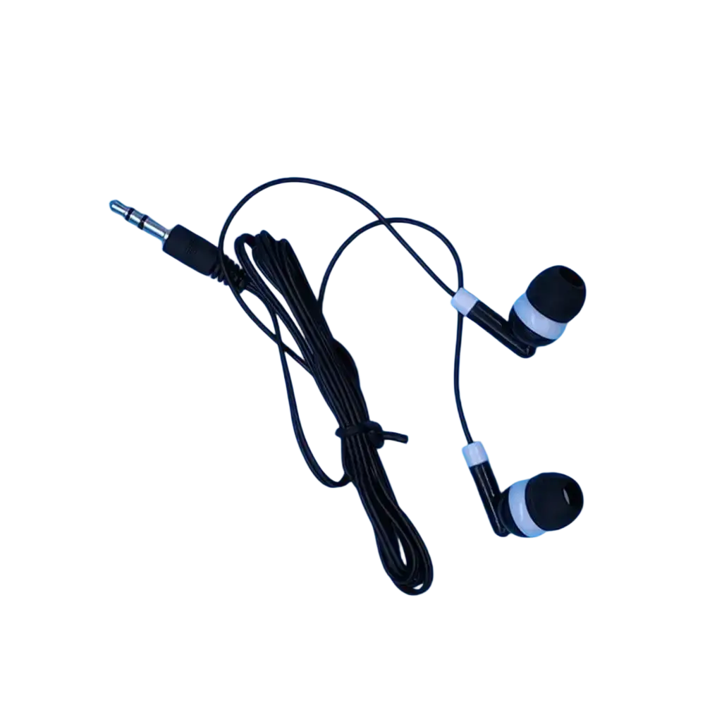 Black and white wired in-ear headphones with a coiled cable and 3.5mm audio jack for clear audio connection