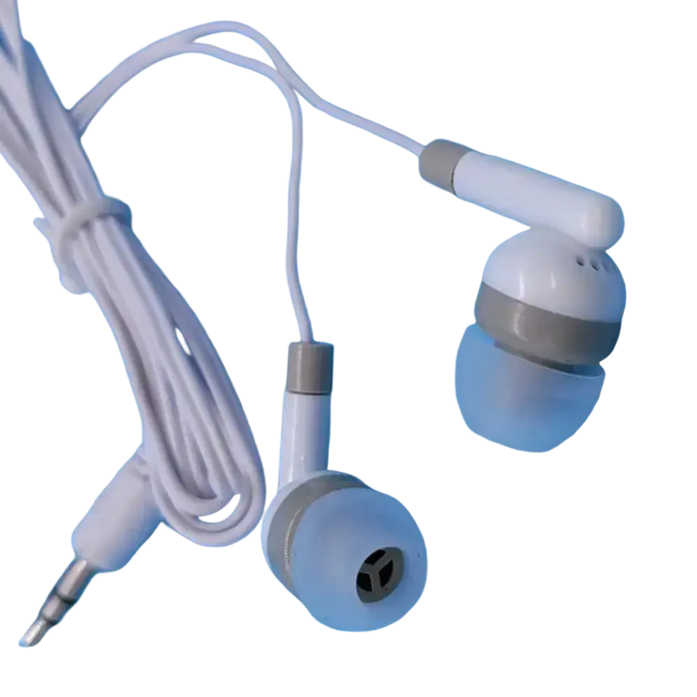 Wired in-ear headphones in white and light blue with gray accent and 3.5mm audio jack for wired audio connection