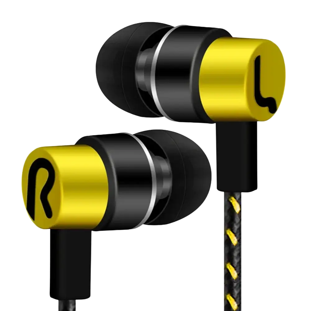 Black and yellow wired in-ear headphones with bass stereo effect, braided cable, metallic finish, and volume control