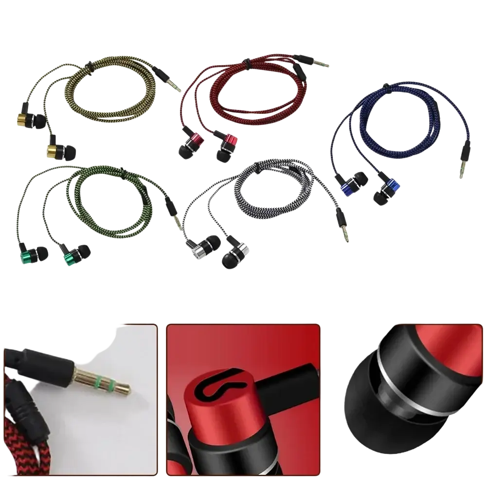 Wired in-ear headphones with braided cables in gold red blue green and black featuring bass stereo effect and volume control