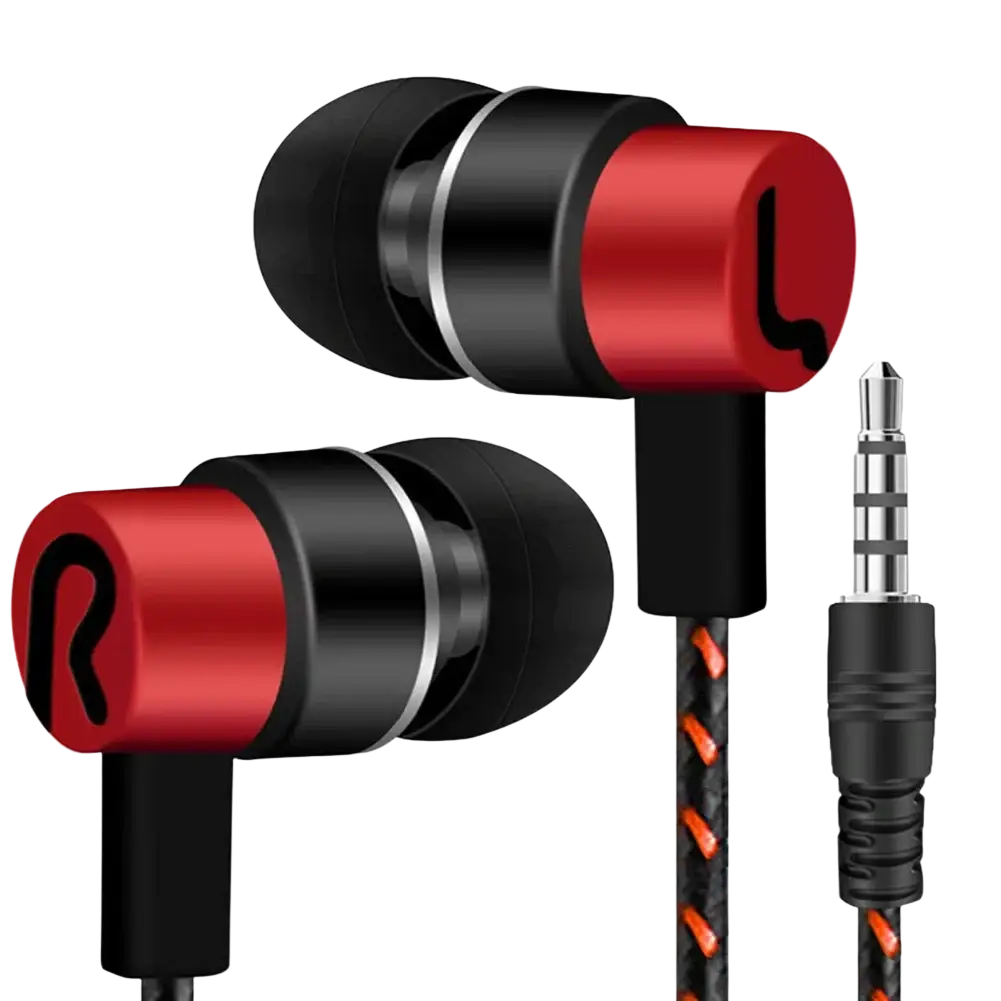 Red and black wired in-ear headphones with bass stereo effect and braided cable featuring orange accents and volume control