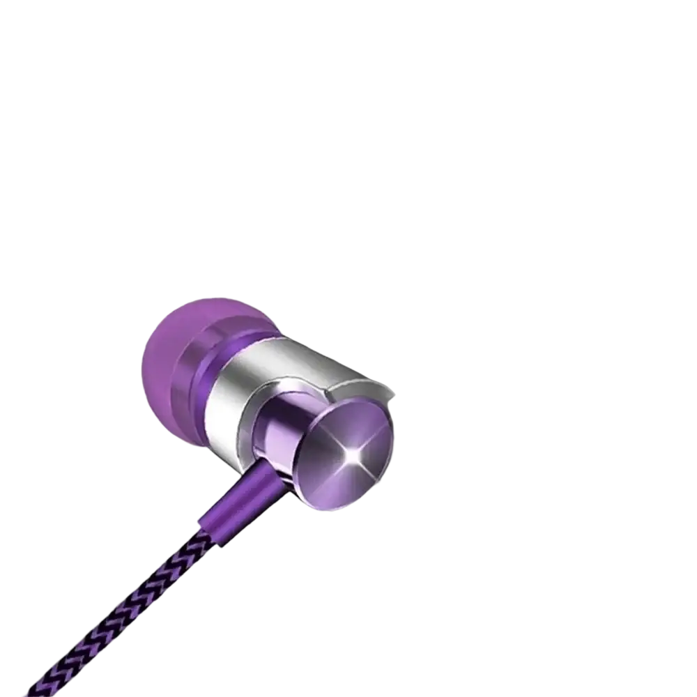 Wired in-ear headphones with bass stereo sound in purple and silver featuring a braided cable for mobile phone use