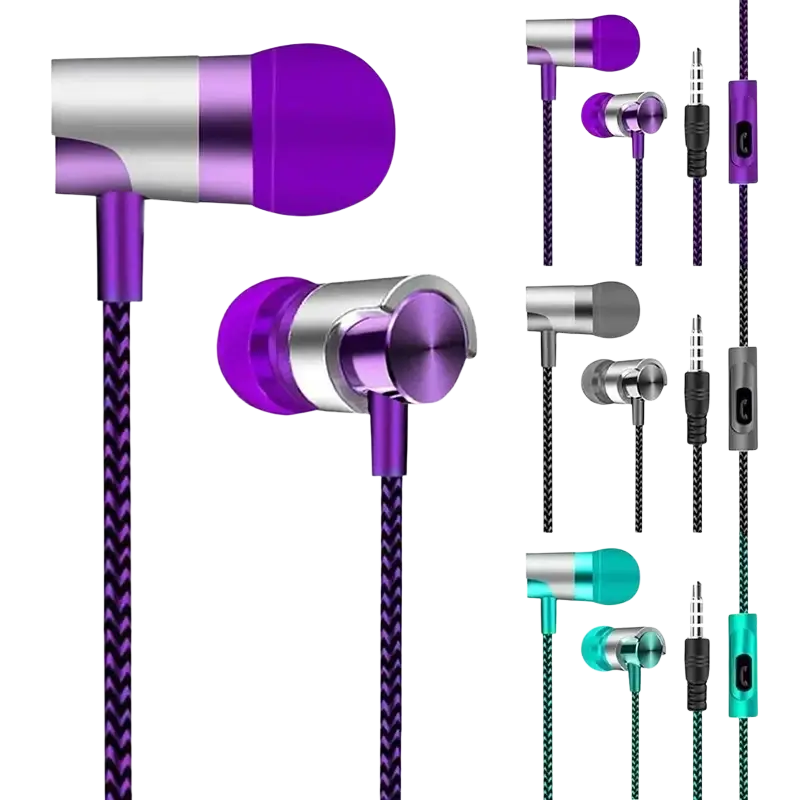 Wired in ear headphones in purple and silver with braided cable design delivering bass stereo sound and volume control
