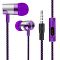 Wired in-ear headphones with bass stereo sound in purple and silver with braided purple cables for mobile phone use