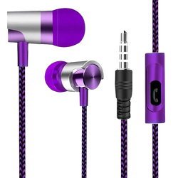 Wired in-ear headphones with bass stereo sound in purple and silver with braided purple cables for mobile phone use
