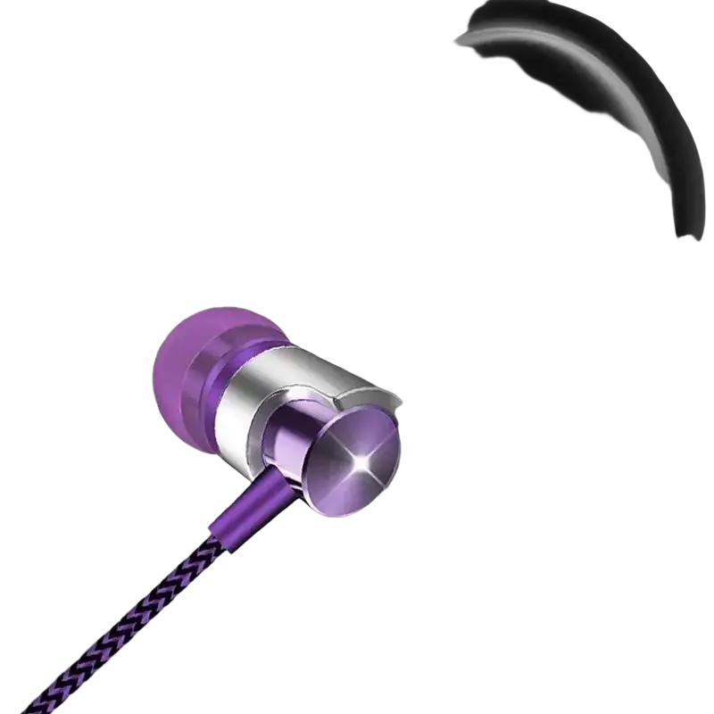Wired in ear headphones with purple and silver inlay and braided cable featuring bass stereo sound and volume control