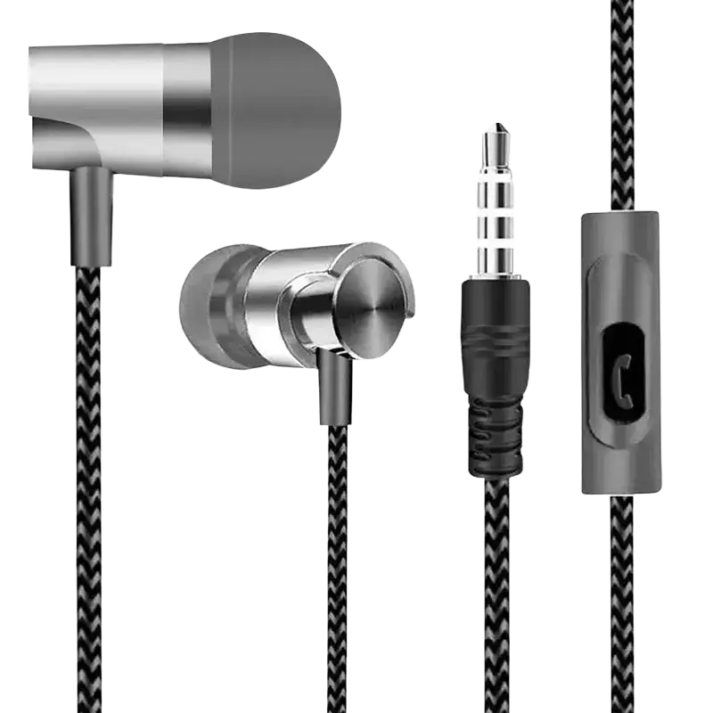 Silver wired in-ear headphones with braided black cable and metallic inline control offering bass stereo sound