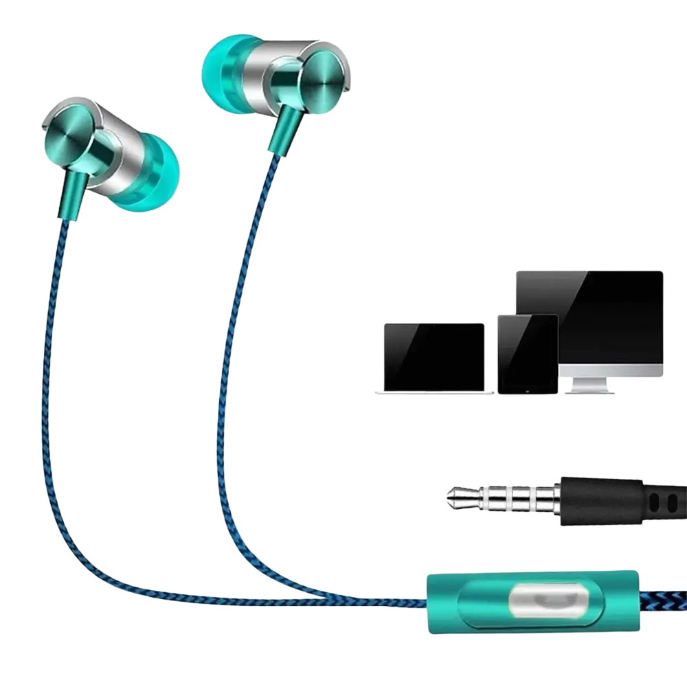 Wired in-ear headphones with bass stereo sound in teal and silver featuring braided blue cable for mobile phone use