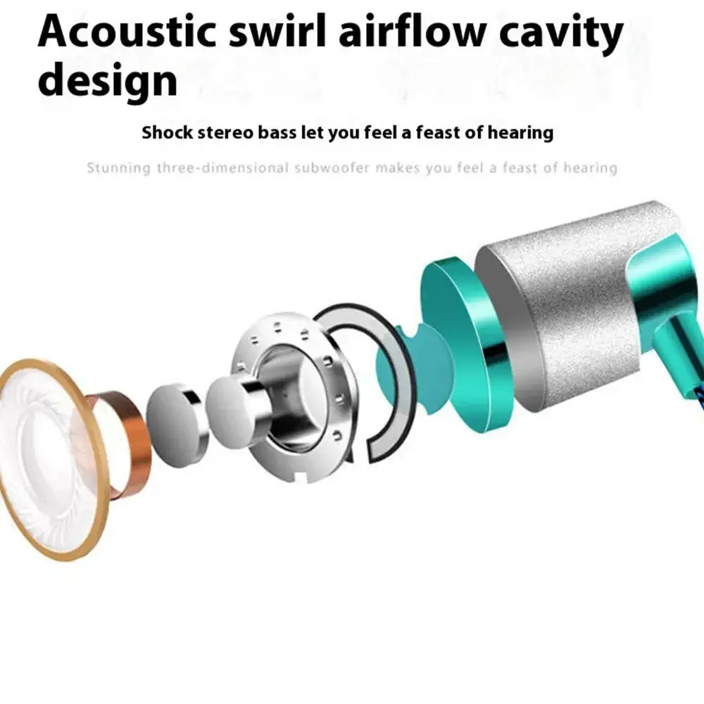 Teal and silver wired in-ear headphones with bass stereo sound and three-dimensional subwoofer design for mobile phone use