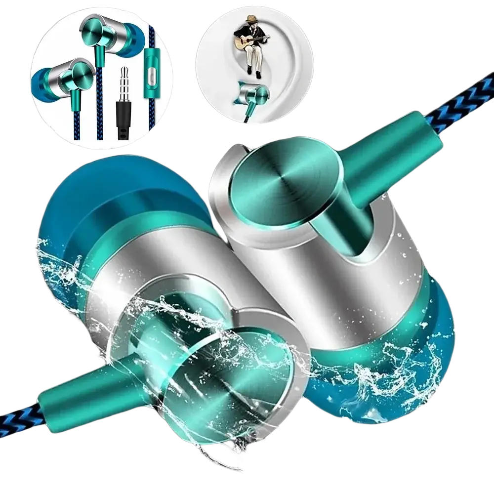 Teal and silver 69b wired in-ear headphones with metallic design and blue braided cables deliver bass stereo sound