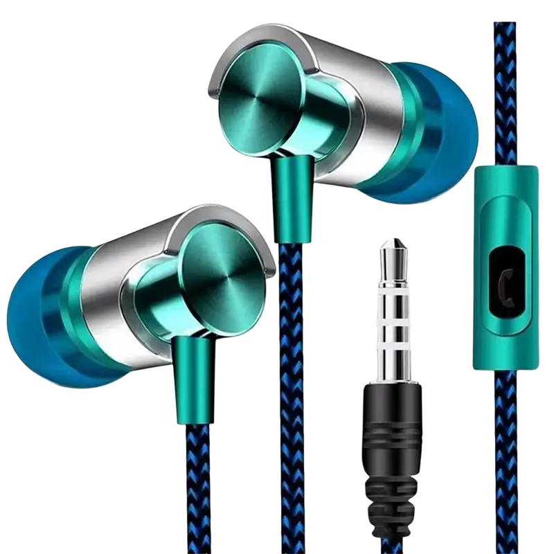 Teal and silver wired in ear headphones with bass stereo sound and a braided blue cable with volume control