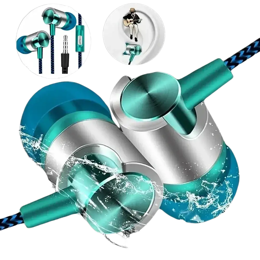 Teal and silver waterproof wired in-ear headphones with braided cable delivering bass stereo sound and stereo sound quality