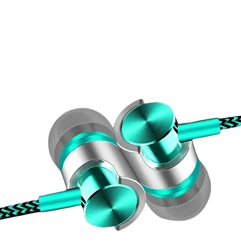 Teal and silver inlayed wired in ear headphones with braided cable offering bass stereo sound and volume control
