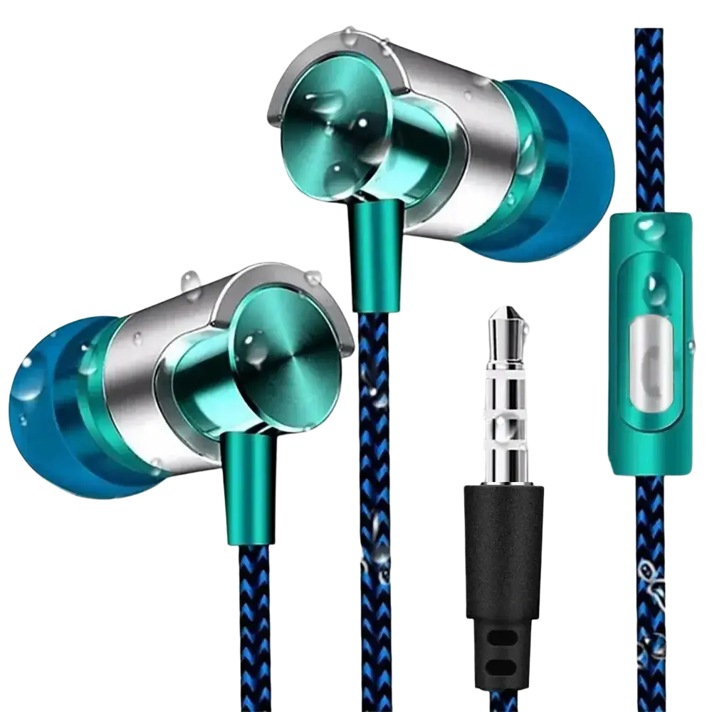 Wired in-ear headphones with teal and silver inlay and braided blue cable delivering bass stereo sound