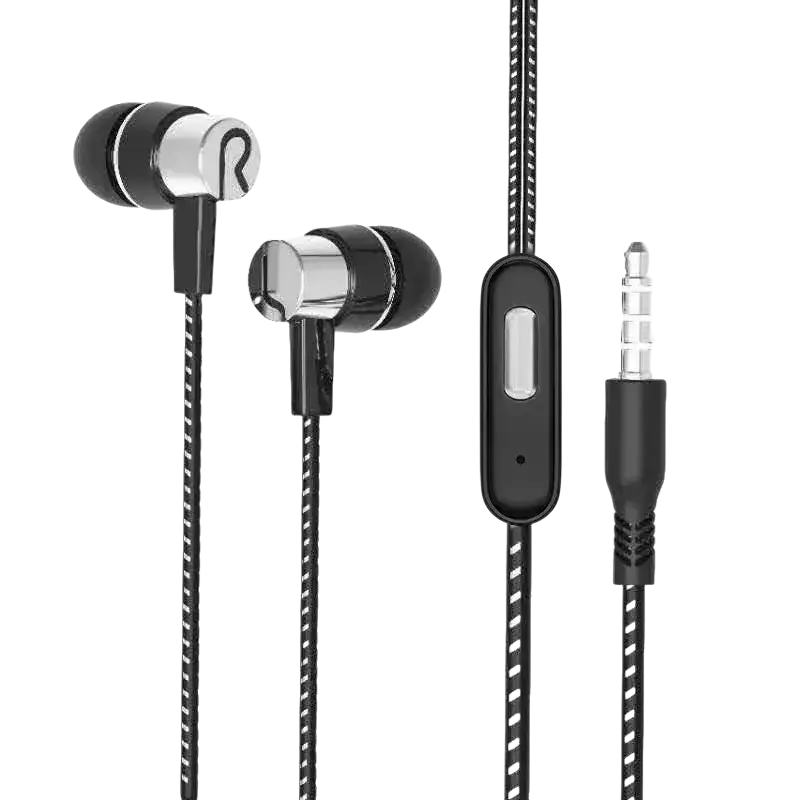 Black and silver wired in-ear headphones with braided cable inline control and 3.5mm jack for clear audio use