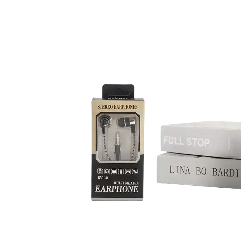 Black wired in-ear headphones with chain-style cable and mic packaged in beige and black ev-10 retail box