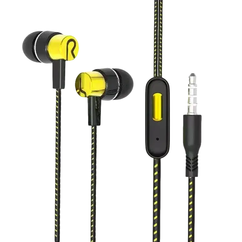 Black and yellow wired in-ear headphones with mic featuring a braided cable design and 3.5mm connector