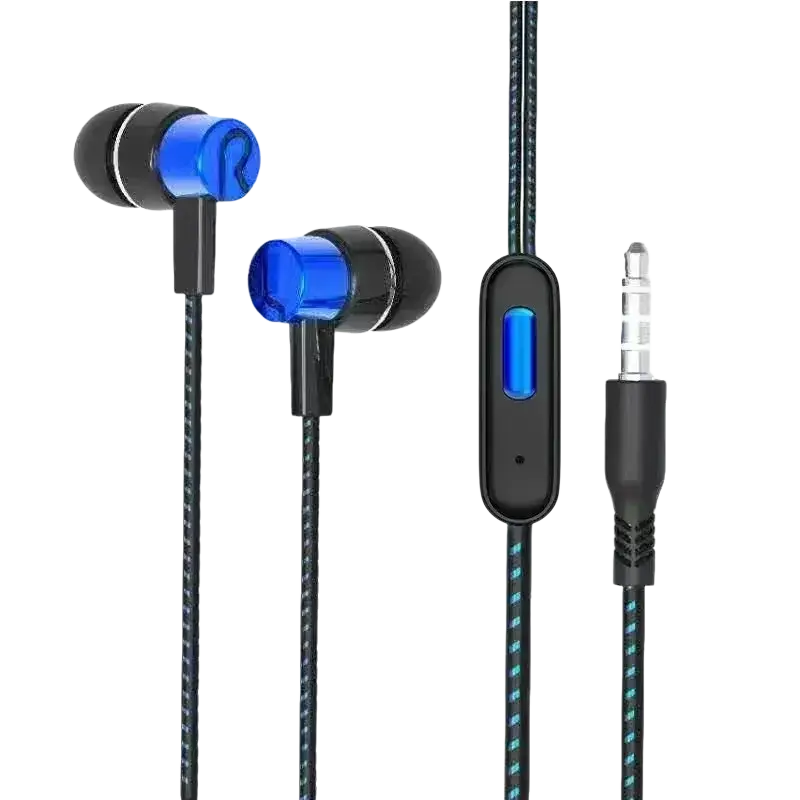 Wired in-ear headphones in blue and black with braided cable and inline control module for 3.5mm audio devices