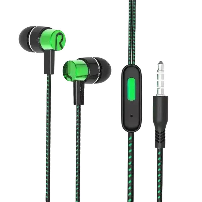 Wired in-ear headphones with mic 3.5mm in green and black with braided cable and inline control module