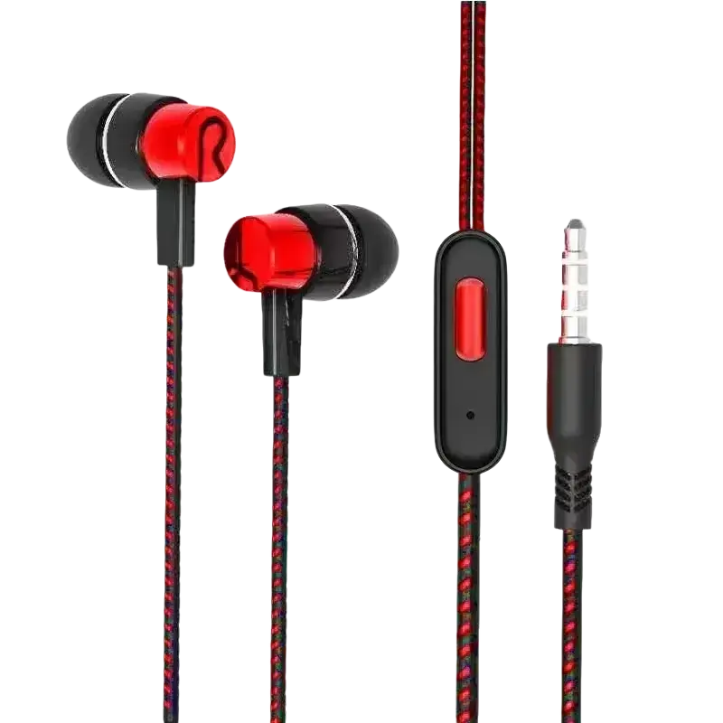 Wired in-ear headphones in red and black with braided cable and inline control module for 3.5mm audio connection