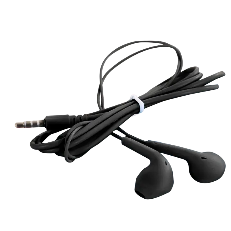 Black wired in-ear headphones with mic featuring a coiled cable and 3.5mm jack neatly bundled together
