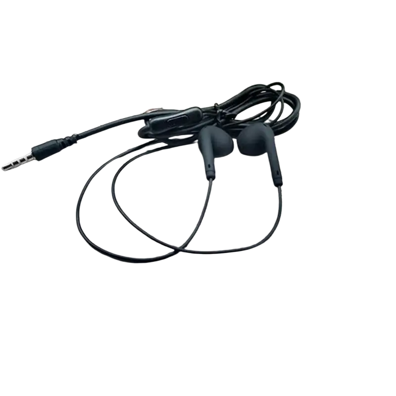 Black wired in-ear headphones with mic featuring a compact inline remote and soft silicone ear tips for comfort