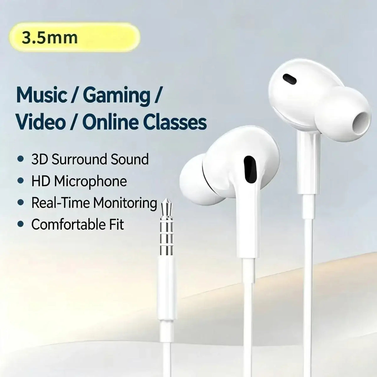 White wired in-ear headphones with mic and ergonomic tips featuring digital hd audio and sleek cable for music and gaming use
