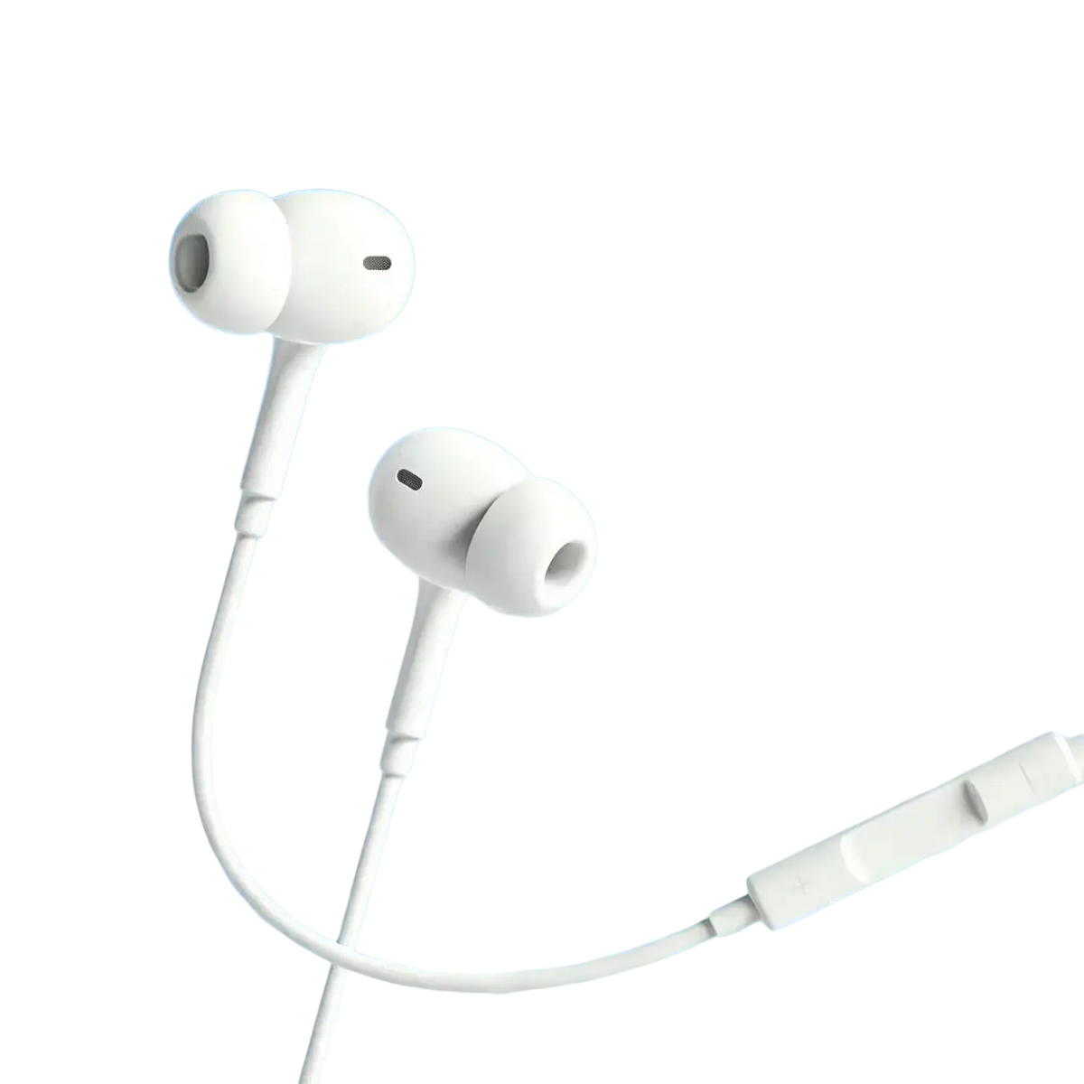 White wired in-ear headphones with soft silicone ear tips designed for digital hd audio and deep bass performance
