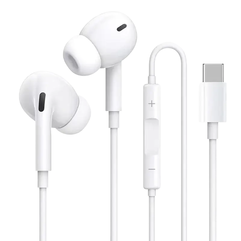 White apple wired in-ear headphones with a sleek design, soft silicone ear tips, and digital hd audio for deep bass