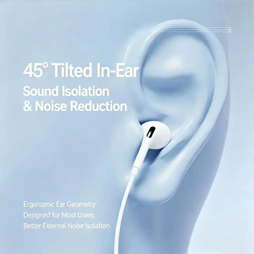 White wired in-ear headphones with mic and deep bass feature a sleek minimalist design and 45-degree tilted fit for digital hd audio