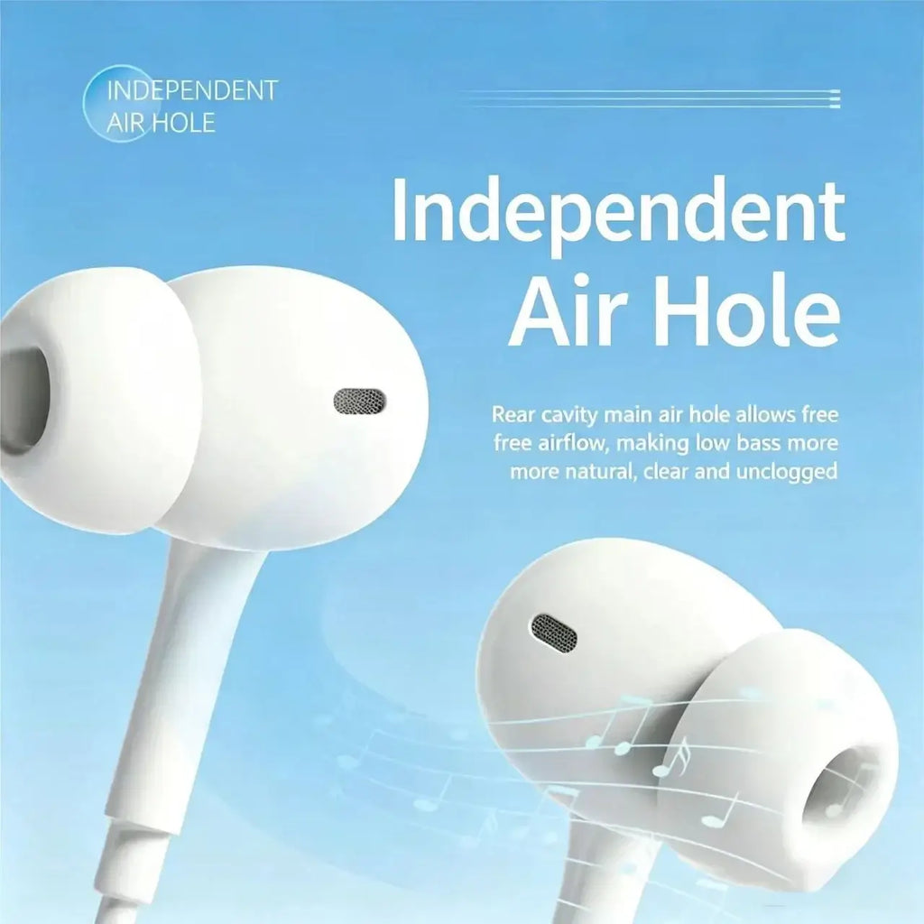 White wired in-ear headphones with mic featuring rear cavity main air hole design for enhanced bass and airflow