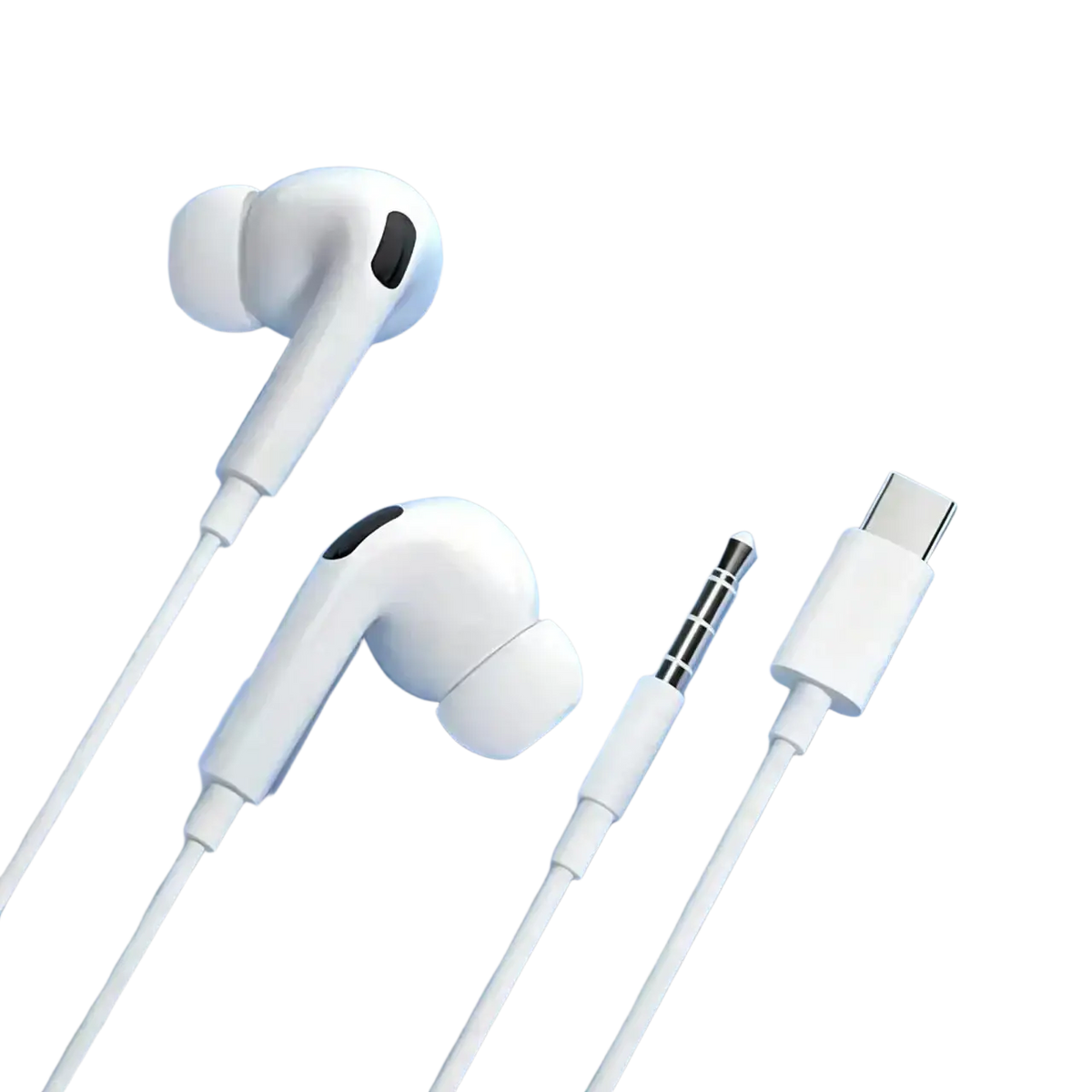 White wired in-ear headphones with mic and deep bass featuring usb-c to 3.5mm adapter for digital hd audio quality