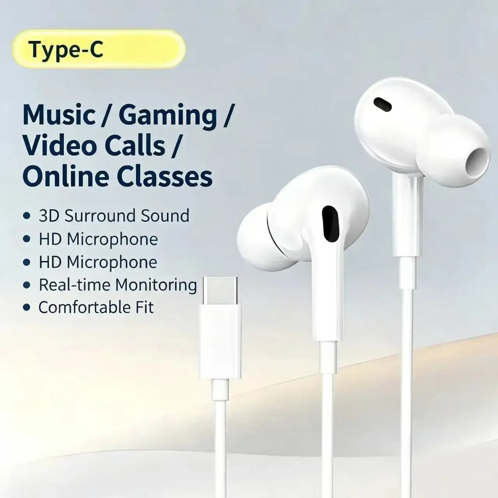 White wired in-ear headphones with mic and deep bass featuring type-c charging cable for digital hd audio performance
