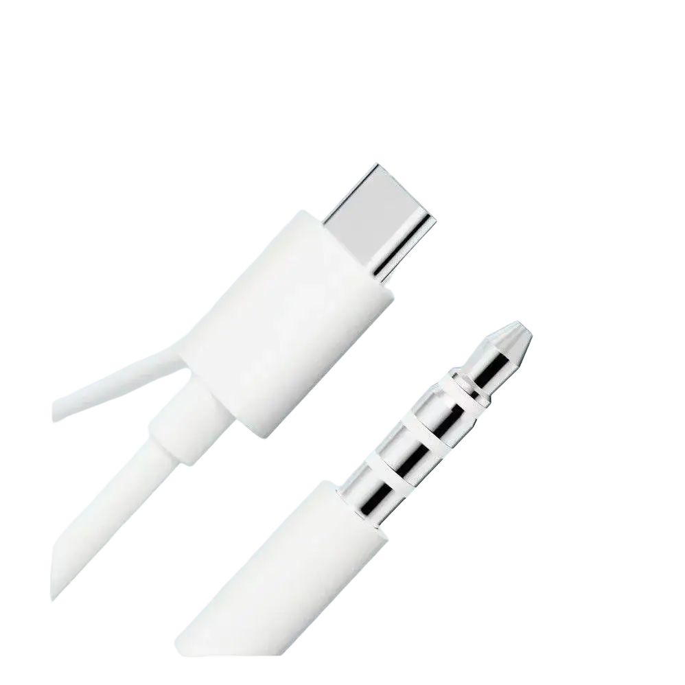White usb-c to 3.5mm audio cable with metallic connectors for wired in-ear headphones offering digital hd audio and deep bass