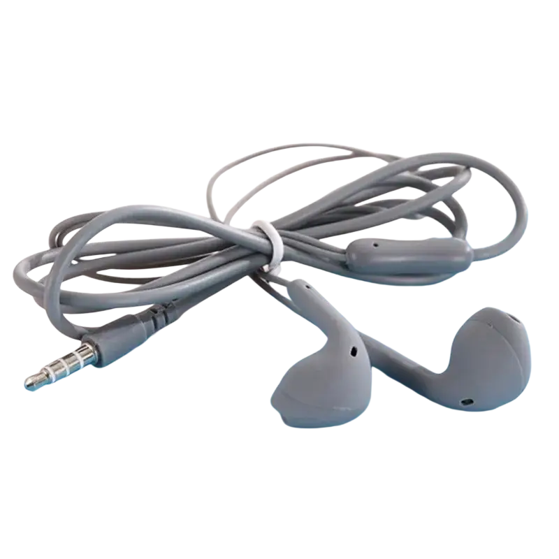 Gray wired in-ear headphones with mic featuring soft silicone tips and a sleek, simple design for comfortable use