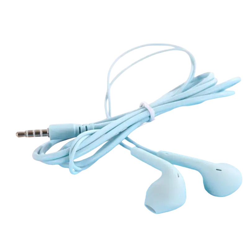 Light blue wired in-ear headphones with mic featuring a soft matte finish and ergonomic design
