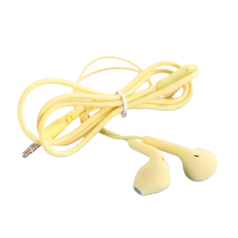 Pale yellow wired in-ear headphones with mic featuring basic wired earbuds and 3.5mm jack connector