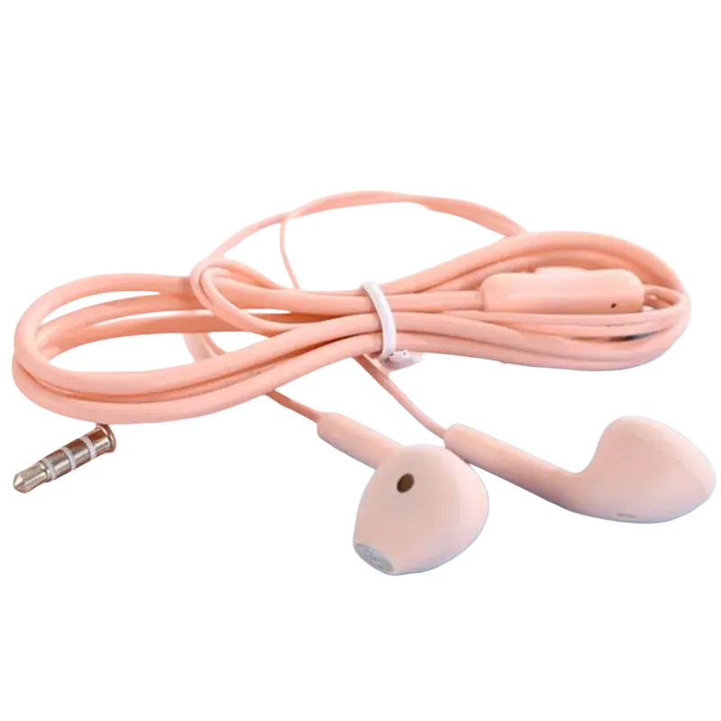 Pastel pink wired in-ear headphones with mic featuring soft silicone earbuds and matching cable with inline remote control