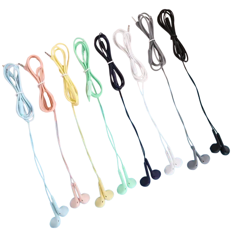 Wired in-ear headphones with mic in pastel colors featuring matching cords and soft silicone tips neatly arranged