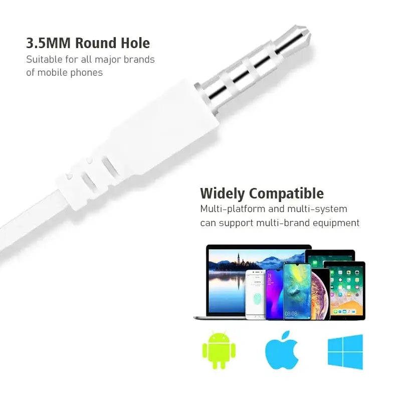 White wired in-ear headphones with mic featuring a 3.5mm audio jack cable with rounded connector and textured grip
